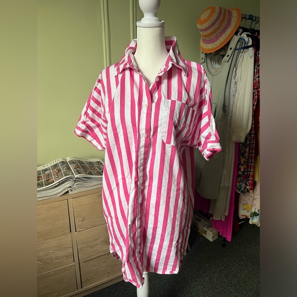 A NEW DAY Pink Stripe Relaxed Fit Button Down Shirt Cotton Midi Mini Dress Sz S - Picture 3 of 16
